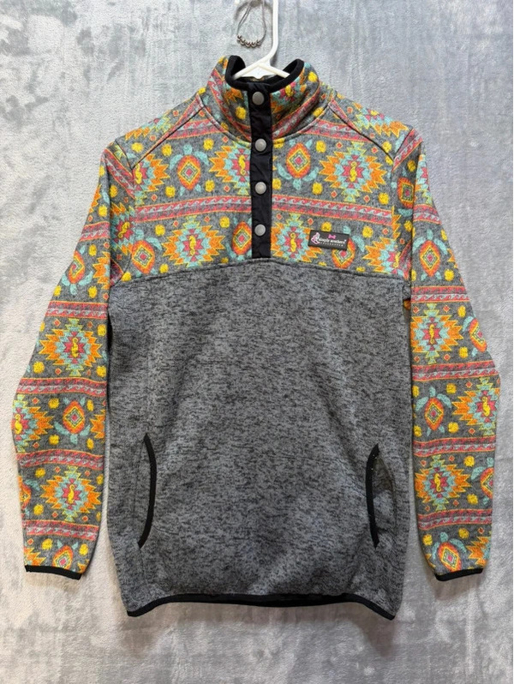 Simply Southern Womens Fleece Pullover Gray Aztec Snap Neck Small
